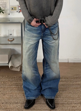 Satrt美式复古做旧压褶猫须牛仔裤男秋季宽松百搭直筒阔腿长裤