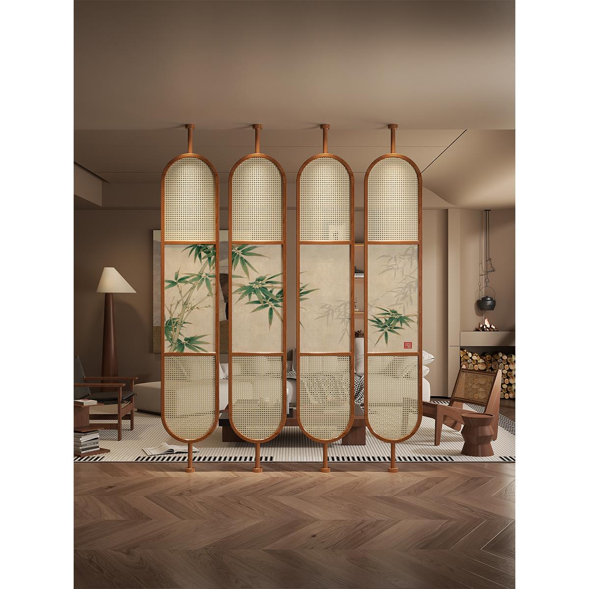 中式进门屏风隔断家用遮挡实木玄关藤编入户卧室顶天立地宋代美学