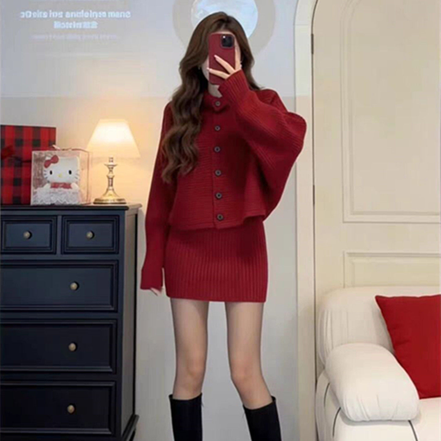 气质女神范红色圣诞毛衣短裙套装