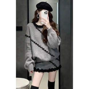 冬季 女 穿搭一整套2025超火巨好看小香风独特漂亮针织毛衣裙子套装