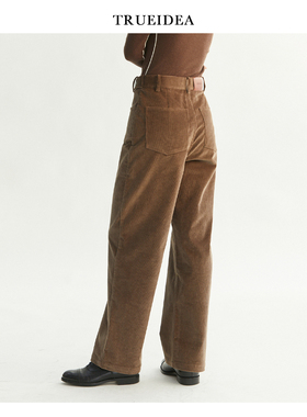 trueidea春 摩卡棕/青葱绿 灯芯绒百搭显瘦高腰直筒裤 腰围可调节