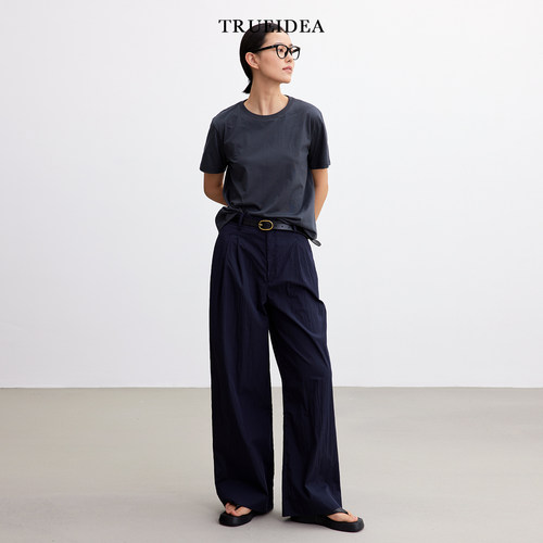 高腰色织棉百搭藏蓝色直筒裤