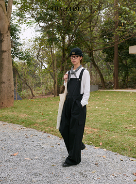 trueidea25春夏 现货 轻薄色织棉宽松日系黑色背带裤