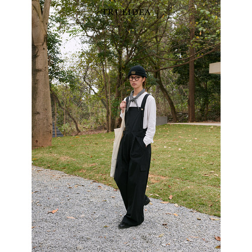 trueidea25春夏 现货 轻薄色织棉宽松日系黑色背带裤