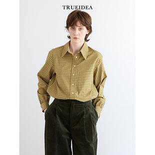 trueidea百搭miu风高密色织长绒棉格子衬衫