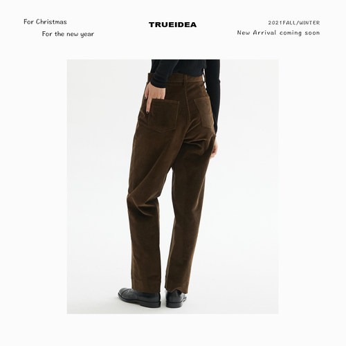 北欧复古纯棉高腰灯芯绒直筒长裤