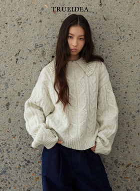 trueidea25冬 加厚纯羊毛大翻领绞花毛衣 软糯亲肤保暖