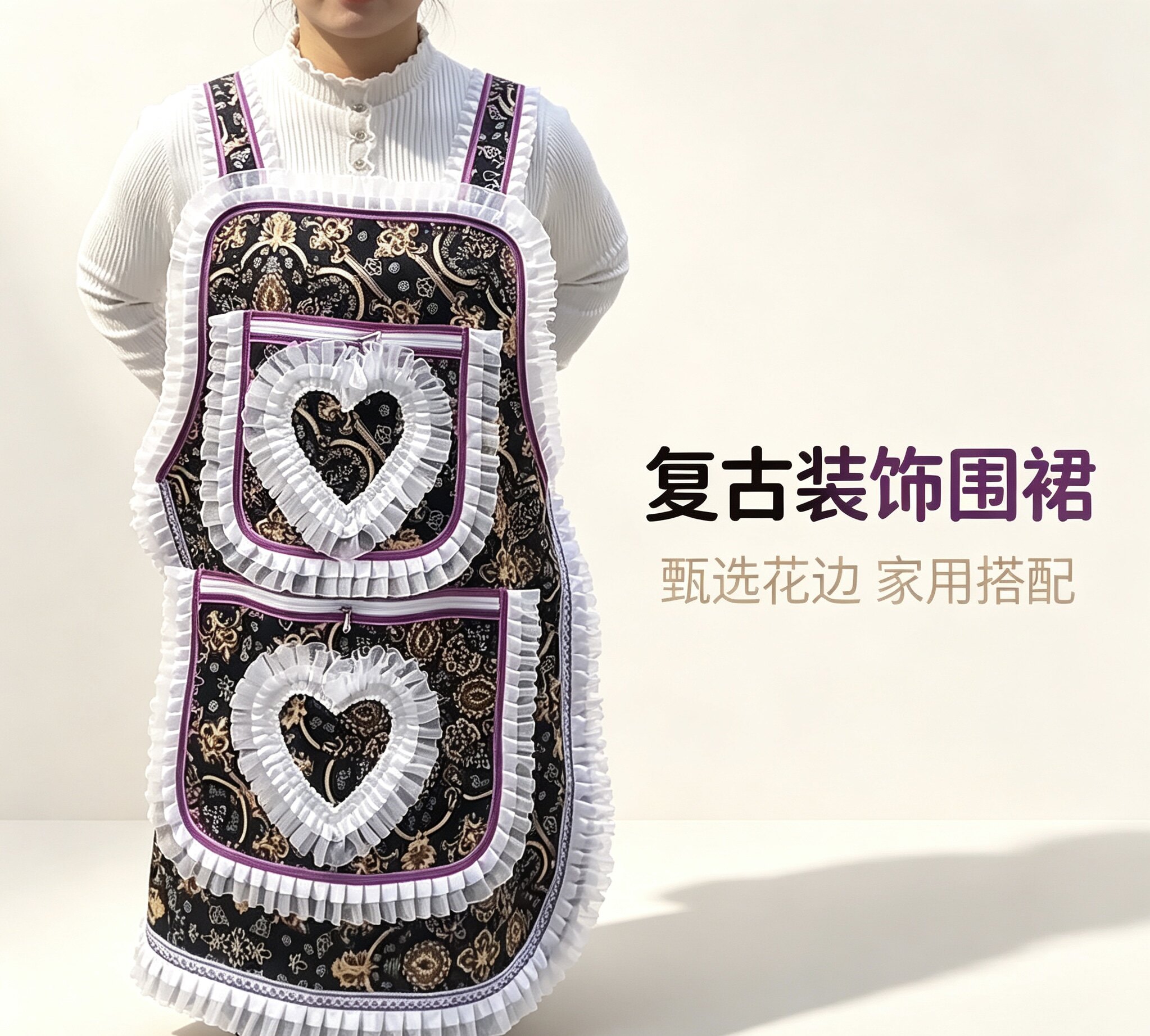 新款时尚花边围裙女家里背带式家用厨房防尘工作服围腰围兜