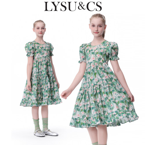 LYSUCS女童夏季纯棉森系连衣裙泡泡袖中长裙儿童碎花度假裙子甜美