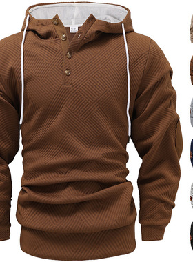 秋冬新款跨境欧美亚马逊男纯色提花连帽卫衣宽松运动休闲上衣外套