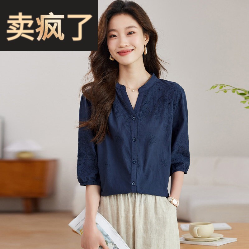 棉麻七分袖衬衫女中半袖上衣夏2026新款纯棉刺绣小衫国风减龄衬衣