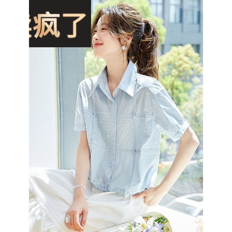 蓝色短袖衬衫女士夏季2025新超级好衬衫休闲短上衣小纯棉衬衫