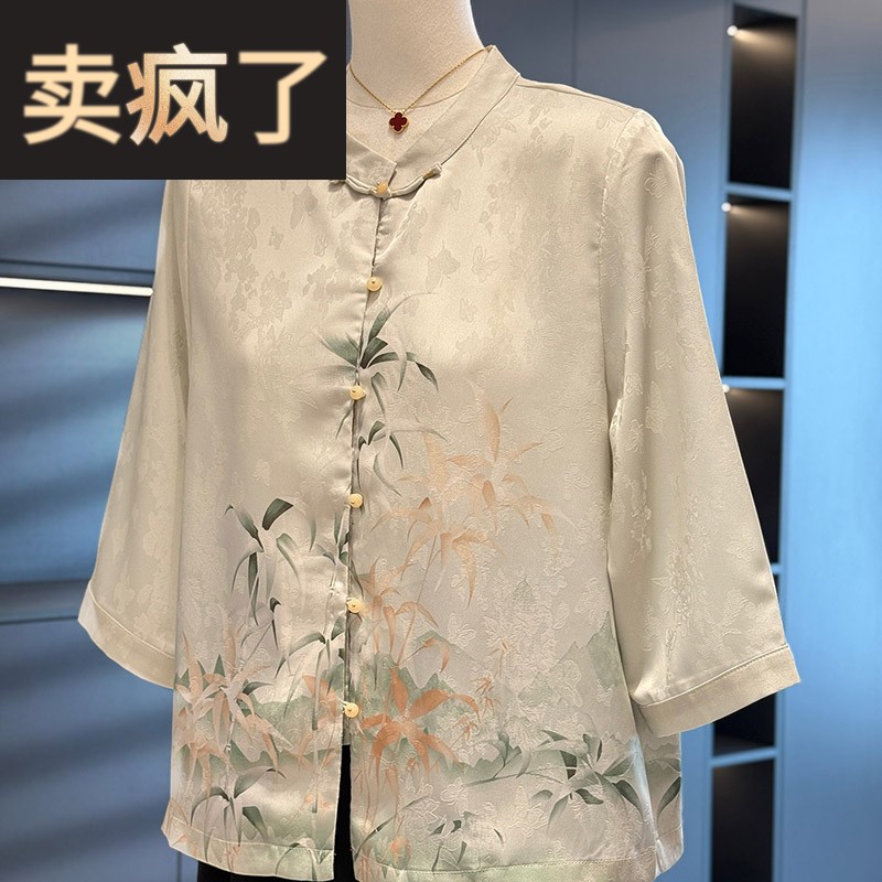 中国风妈妈装七分袖衬衫女夏装新款上衣气质中老年雪纺衬衫奶奶装