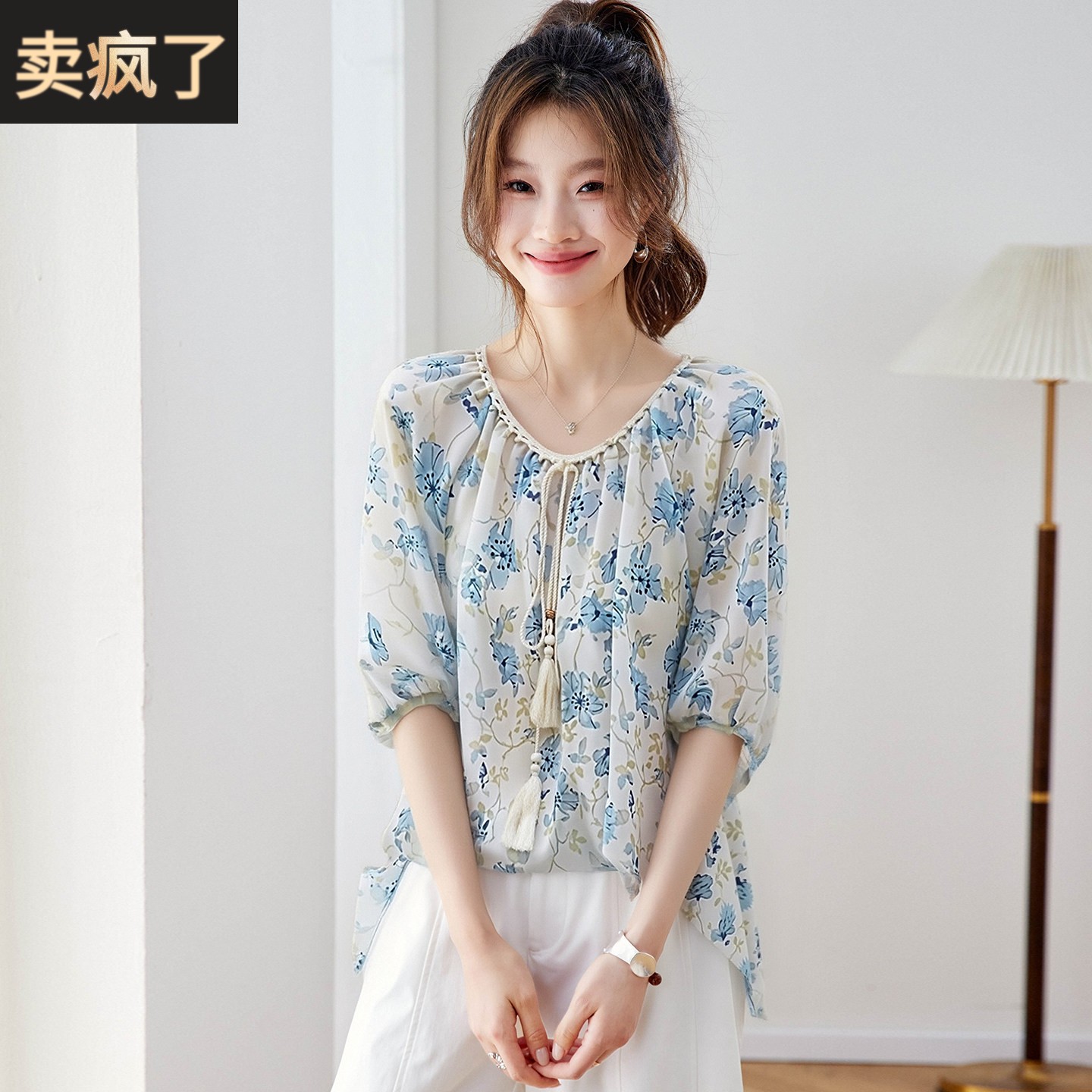 超好看印花圆领中袖衬衫女夏季薄款系带宽松百搭中式雪纺衫上衣