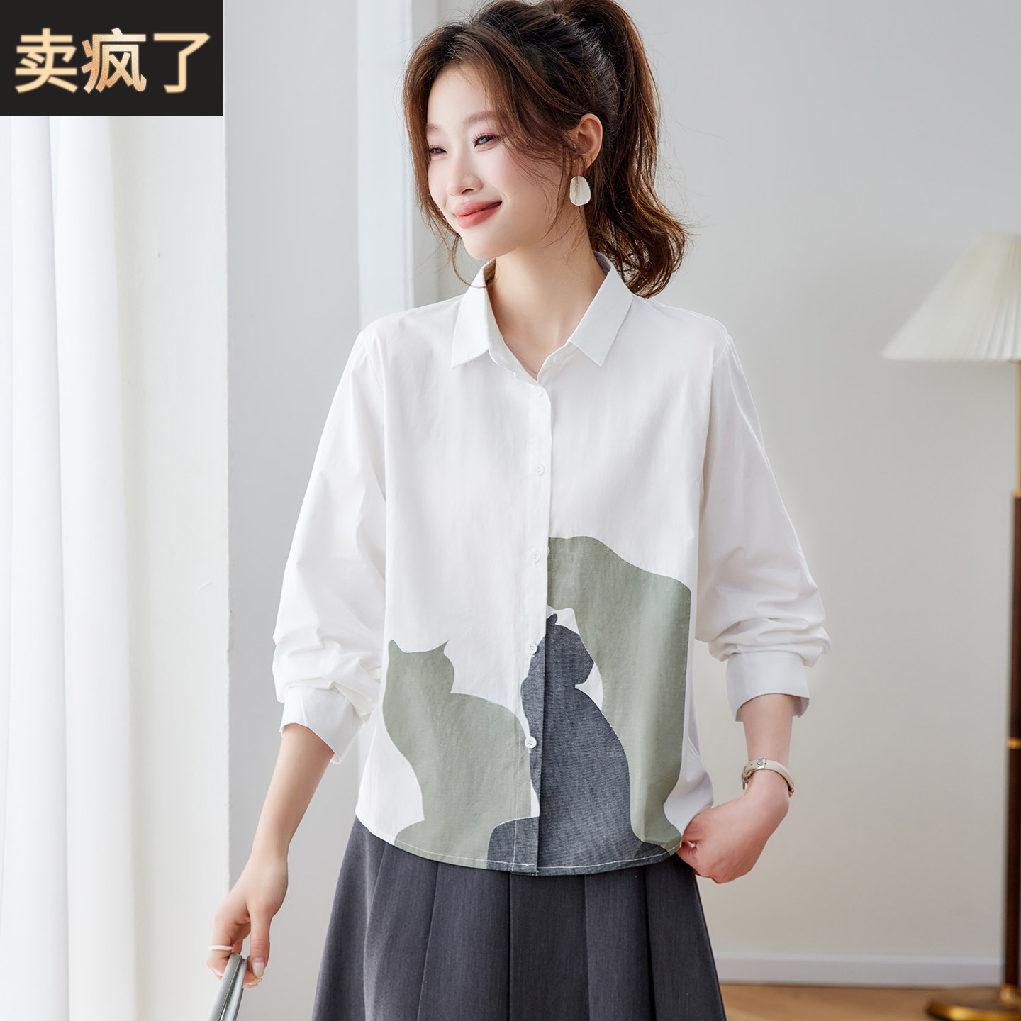 设计感猫咪印花长袖衬衫女春装新款宽松显瘦慵懒文艺休闲纯棉衬衣