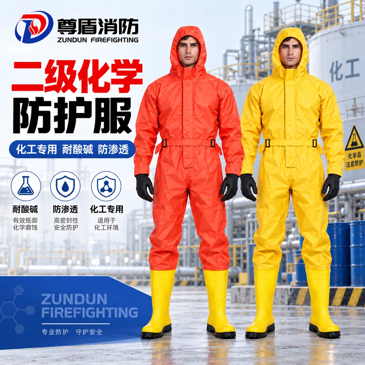 消防二级化学防护服轻型防化服耐酸碱工作服连体无尘生物防护服