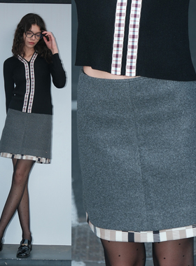 THINGNESS 灰色毛呢拼接格纹秋冬A字半裙