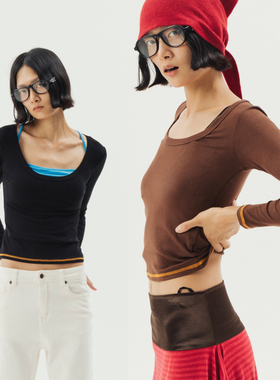 Thingness 撞色缝线大U领弹力棉长袖