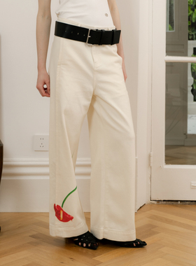 THINGNESS “一支红花”宽松廓腿全棉软糯白色印花牛仔裤