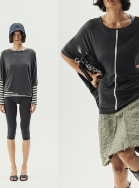 Thingness慵懒舒适可正反两穿弹力棉质斜肩宽松上衣