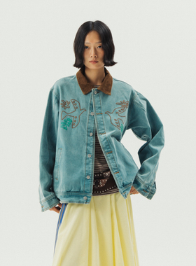 Thingness巴恩牛仔水洗浅蓝刺绣撞色领子宽松廓形夹克外套