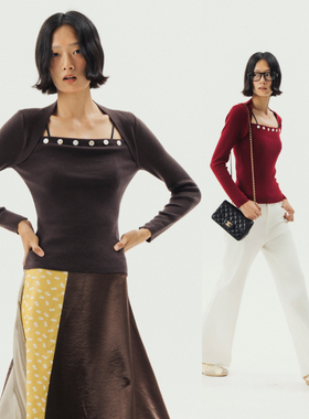 Thingness 贝壳纽扣领口一字领假两件针织上衣