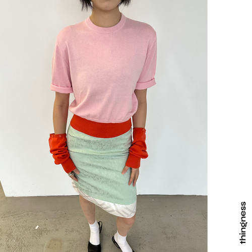 THINGNESS 桑蚕丝细羊毛拼接撞色针织长袖 可拆卸袖子 粉橙撞色