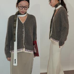 THINGNESS 格纹织带亚麻灰开衫