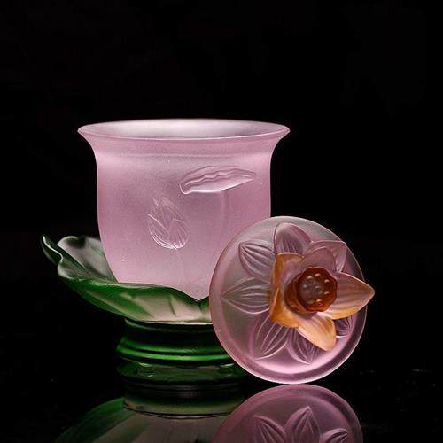 家用佛堂净水杯供水杯供佛水杯琉璃供h杯圣水杯粉色浮雕荷花供杯