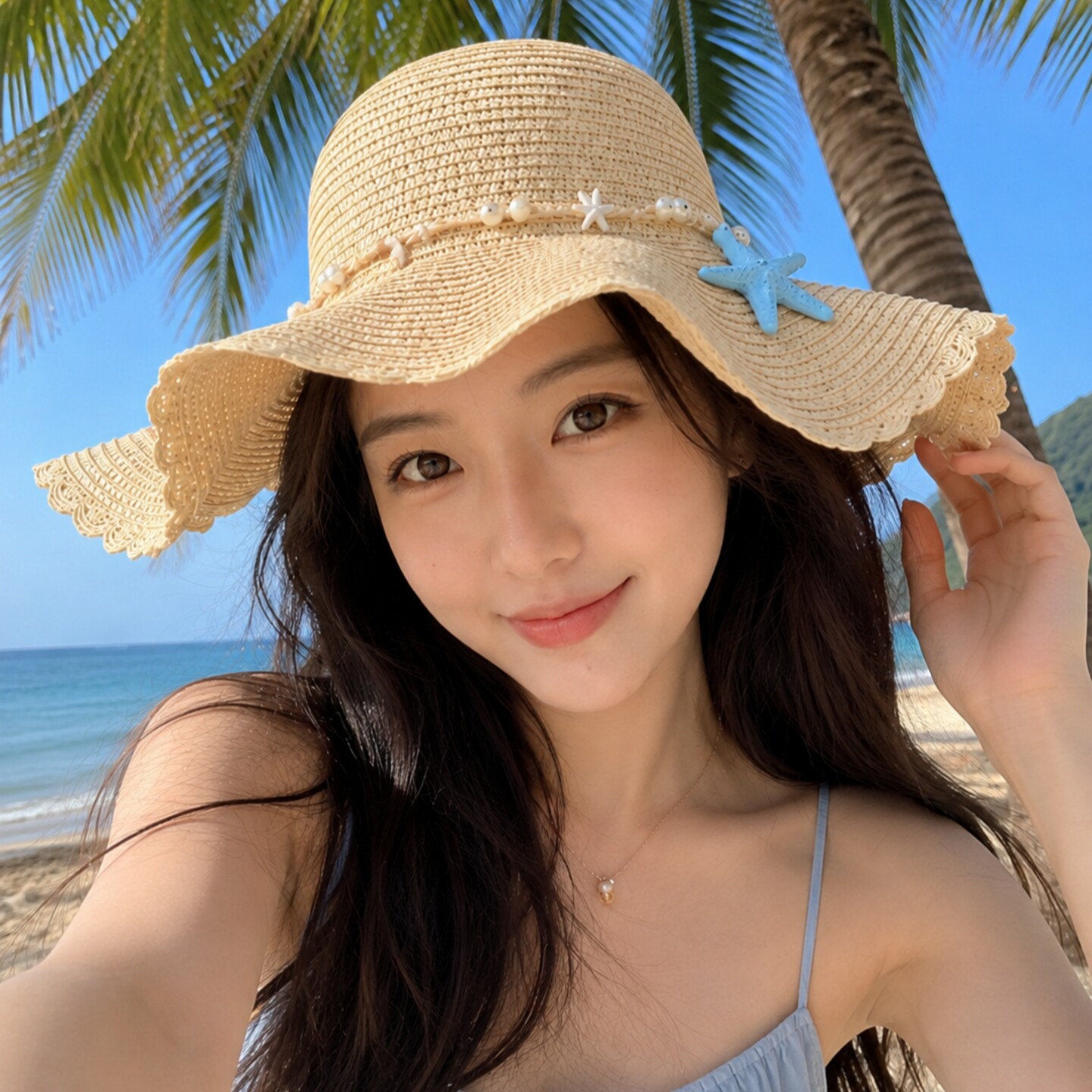 珍珠海星大帽檐草帽女夏季海边