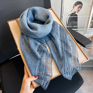 仿亚麻蕾丝仿棉麻薄款围巾女秋冬外搭披肩秋洋气时尚高档丝巾纱巾