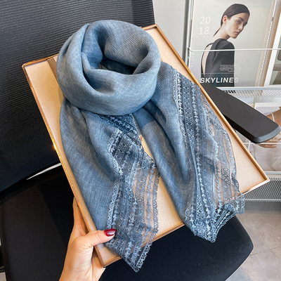 仿亚麻蕾丝仿棉麻薄款围巾女秋冬外搭披肩秋洋气时尚高档丝巾纱巾