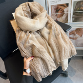 亚麻色蕾丝棉麻围巾女秋冬外搭披肩春秋洋气时尚 蓝色丝巾纱巾薄款