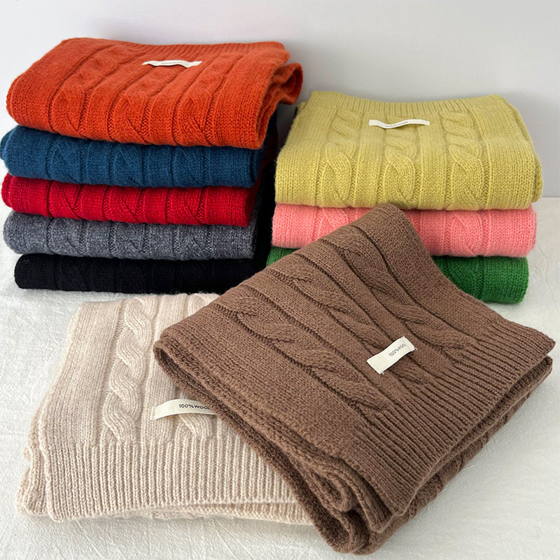 红色新年围巾女冬季100%羊毛麻花纹圣诞针织围脖韩版加厚保暖学生