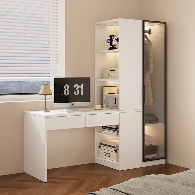 帕美迪奶油风玻璃门衣柜电脑桌大书柜一体多功能组合家用收纳柜