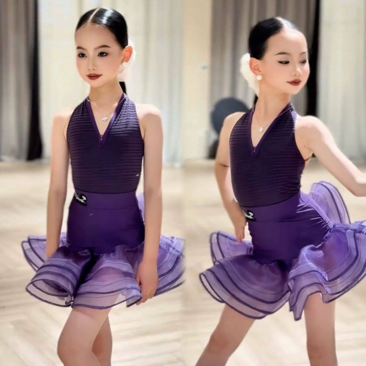 SQ舞服少儿拉丁舞春夏梦幻紫鱼骨大摆挂脖套装女童跳舞练习服表演图片