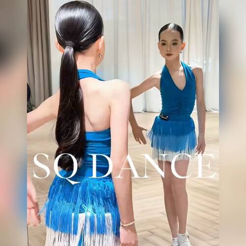 SQ舞服少儿拉丁舞春夏新品挂脖渐变流苏女童跳舞练习服套装班服