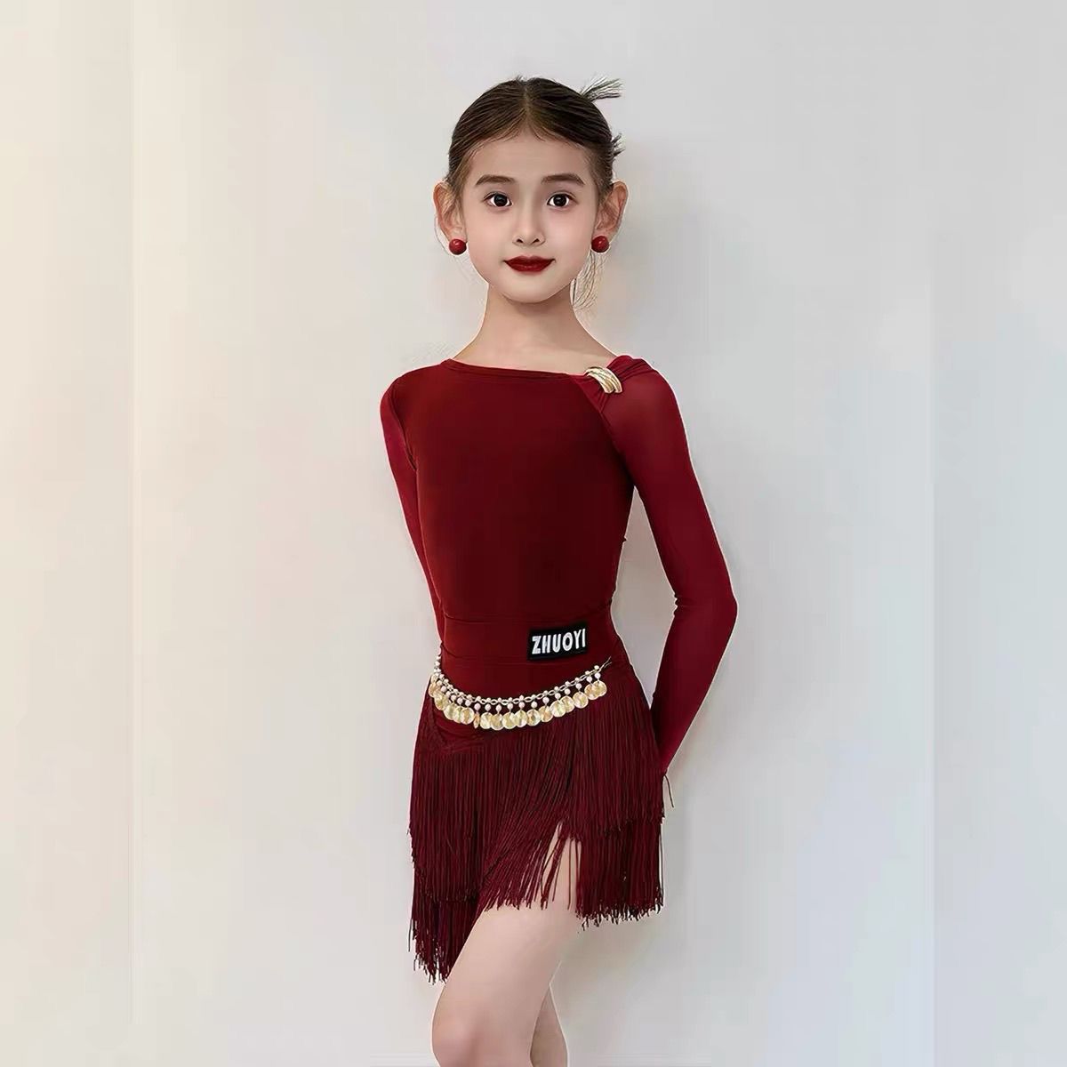 L314卓艺舞服冬季新款酒红色斜肩拉丁舞服演出服套装练习服