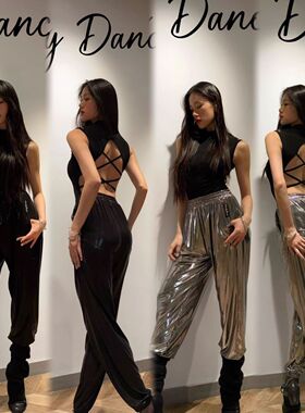 wendy舞服拉丁舞服新款练功服教课班服黑银露背上衣亮面束脚长裤