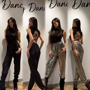 wendy舞服拉丁舞服新款练功服教课班服黑银露背上衣亮面束脚长裤