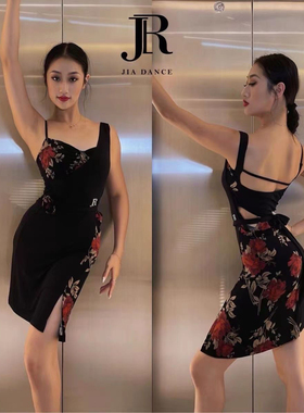 2025新款拉丁舞新款连衣裙女玫瑰印花吊带露背包臀裙练习服吊带