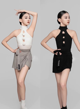 新款少儿拉丁舞服提花螺纹三朵花无袖上衣绑带短裙百搭练习服