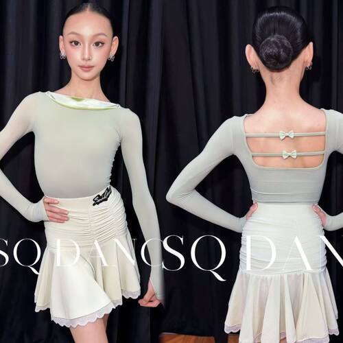 SQ舞服少儿拉丁舞秋冬长袖露背褶皱套装练习服女童缎面蝴蝶跳舞