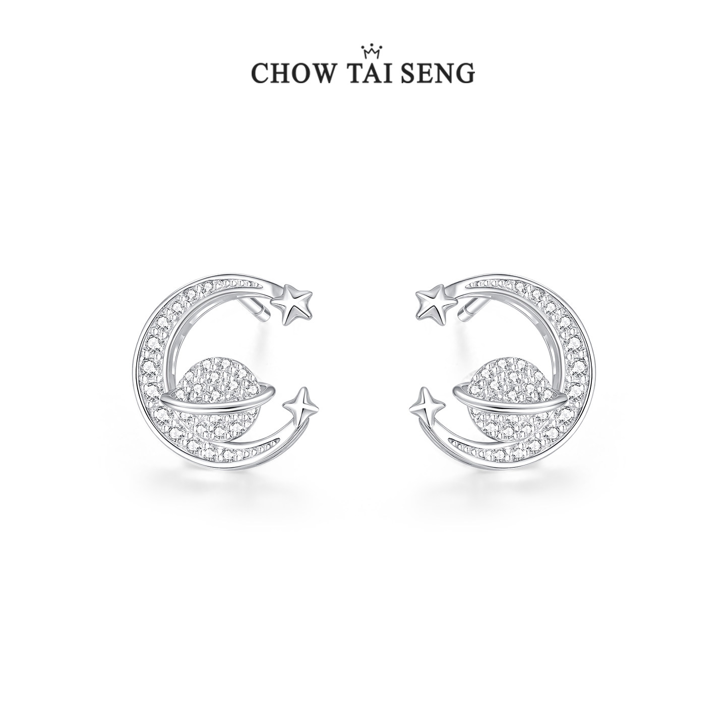 周大生星月流转耳钉女纯银轻奢精致高级感月亮耳饰生日礼物送女友