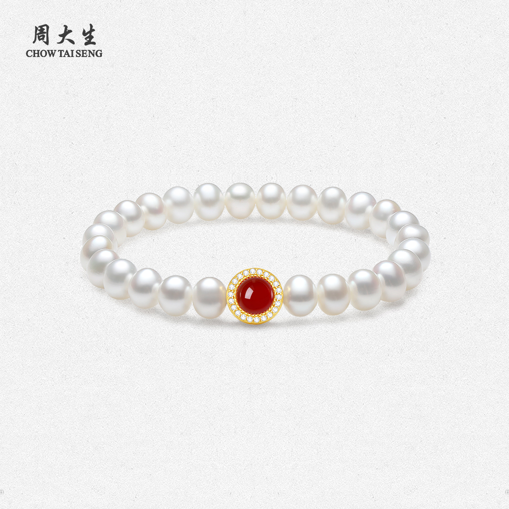 周大生珍珠玉髓手链S925纯银手串轻奢小众高级感生日礼物送女友