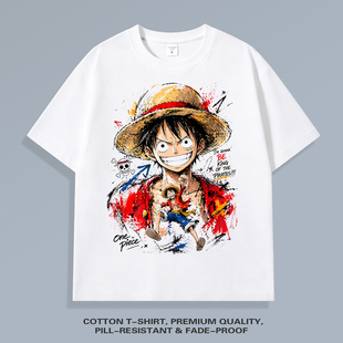 海贼王ONE PIECE短袖T恤男青年夏季纯棉路飞索隆动漫印花宽松半袖