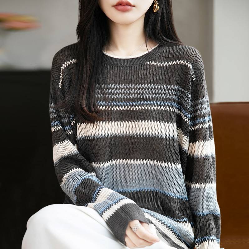 早秋宽松条纹针织打底衫女2025新款春秋洋气上衣大码女装秋冬毛衣