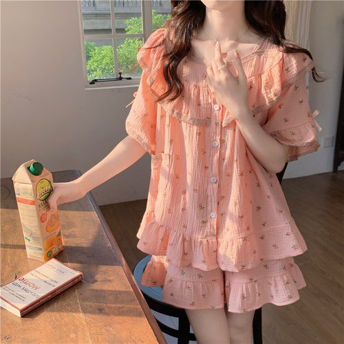 迷人的微笑甜美碎花短袖女公主风2025年新款夏季棉麻荷叶边家居服