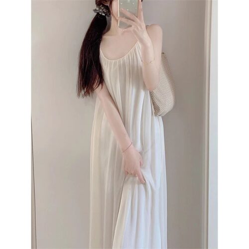 纯欲风少女白色超女夏天2025新款甜月光过膝家居服吊带睡裙女