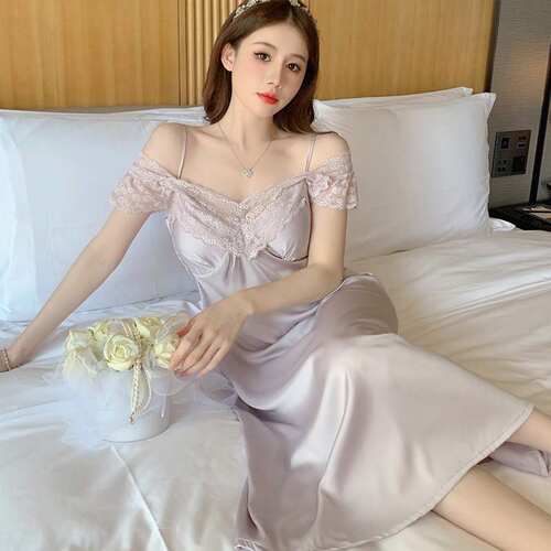 睡裙带胸垫女夏季蕾丝睡衣冰雪丝家居服薄款V字领长裙